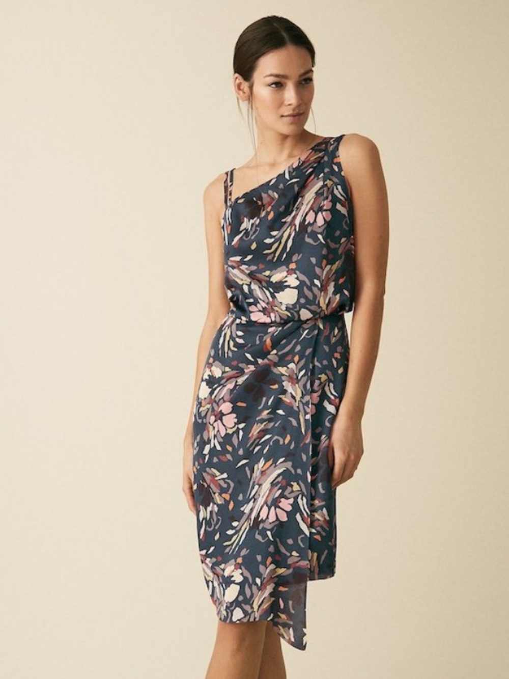 REISS OSTIA PRINTED ONE SHOULDER COCKTAIL DRESS, MULTI/BLUE